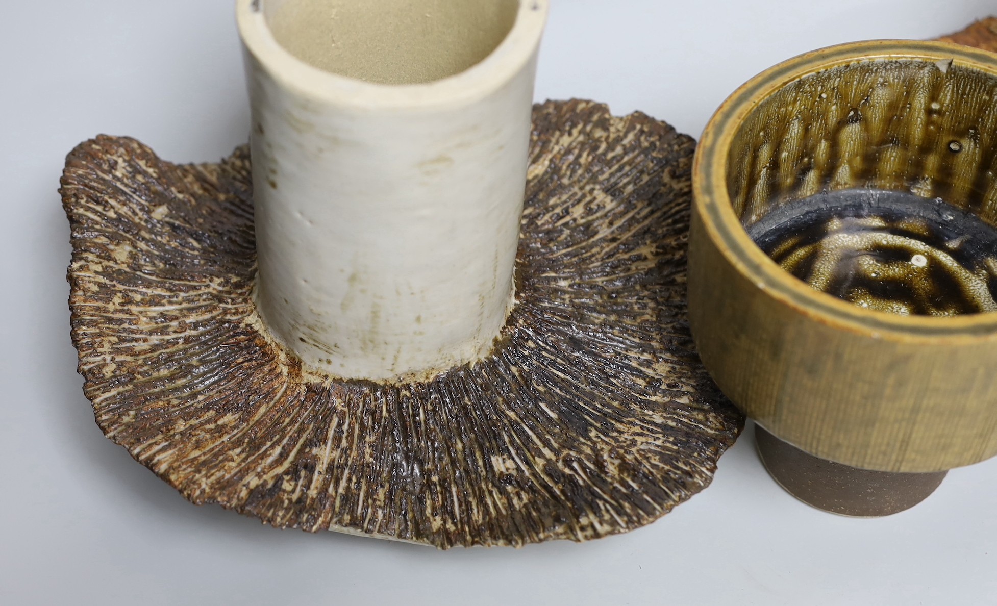 Ruth Sulke - two studio glazed stoneware ‘mushroom’ vases, together with a small studio pottery jardiniere, tallest 21cm